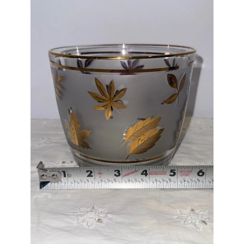 Libbey Golden Foliage 8 Rocks Glasses Ice Bucket Brass Caddy Set Vintage MCM